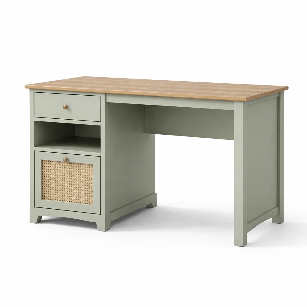 Scrivania in legno e rattan verde con cassetto e armadietto-DREAMCHICNEST