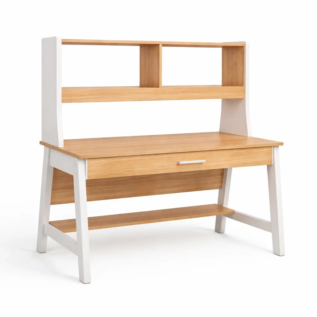 Scrivania in legno mdf con ripiani e cassetto quercia chiara e bianco-DREAMCHICNEST