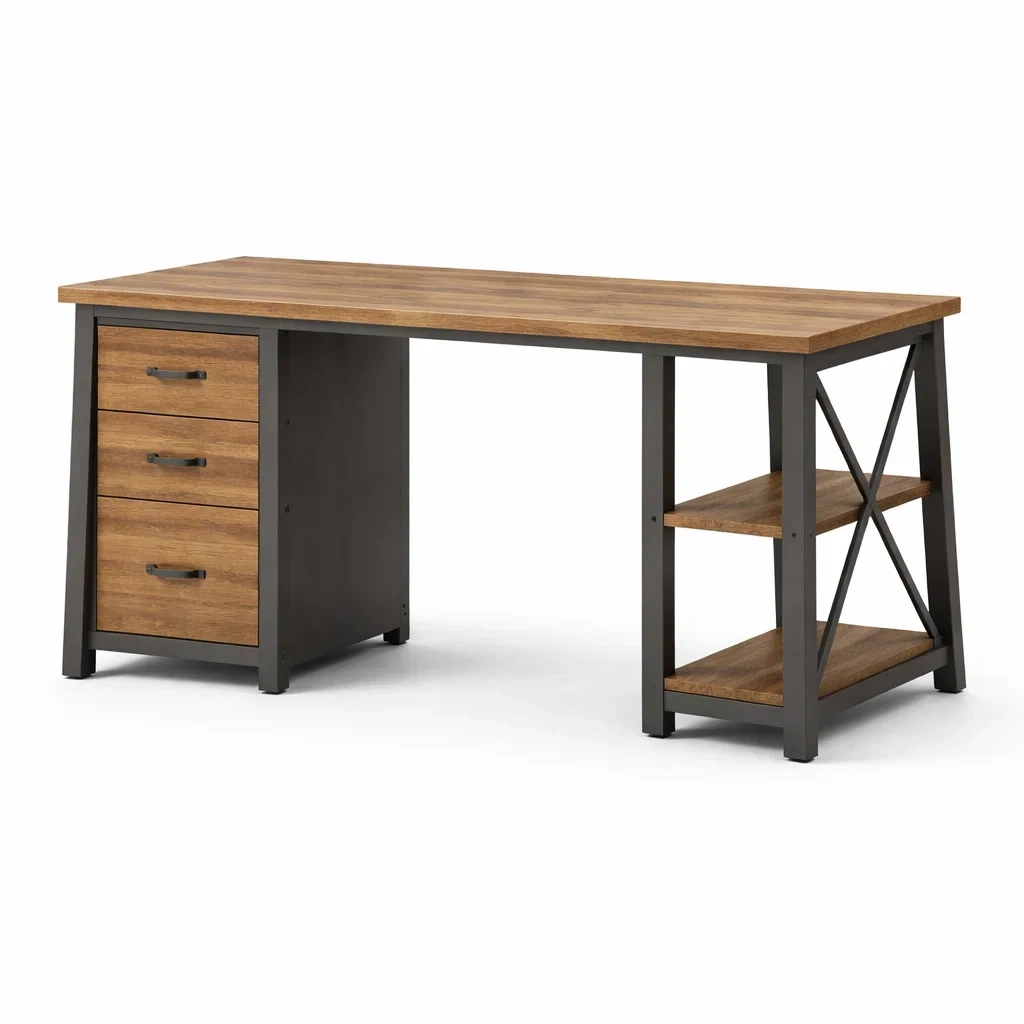 Scrivania in legno e metallo con cassetti e scaffali-DREAMCHICNEST