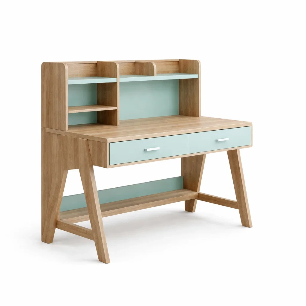 Scrivania in legno mdf con ripiani e cassetti rovere e menta-DREAMCHICNEST