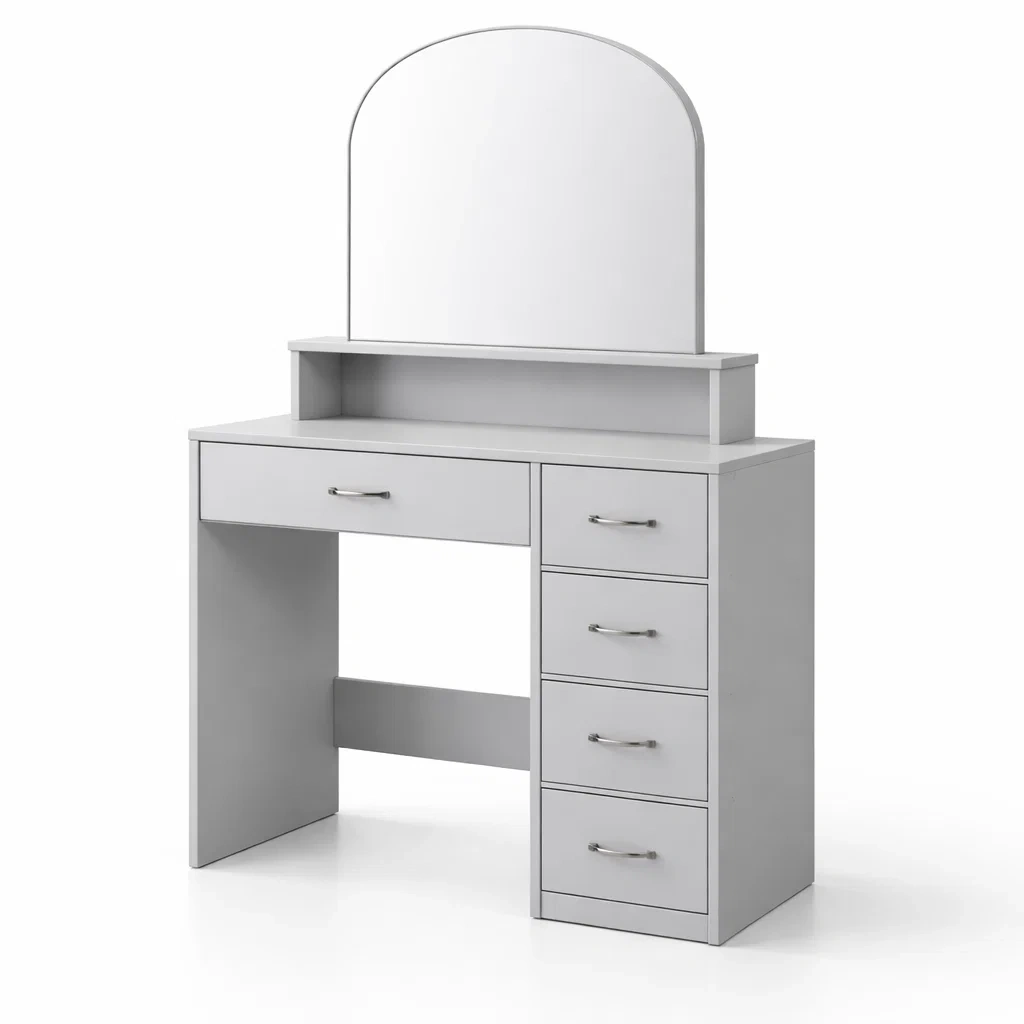 Toeletta in mdf grigio con specchio curvo e cassetti in vetro-DREAMCHICNEST