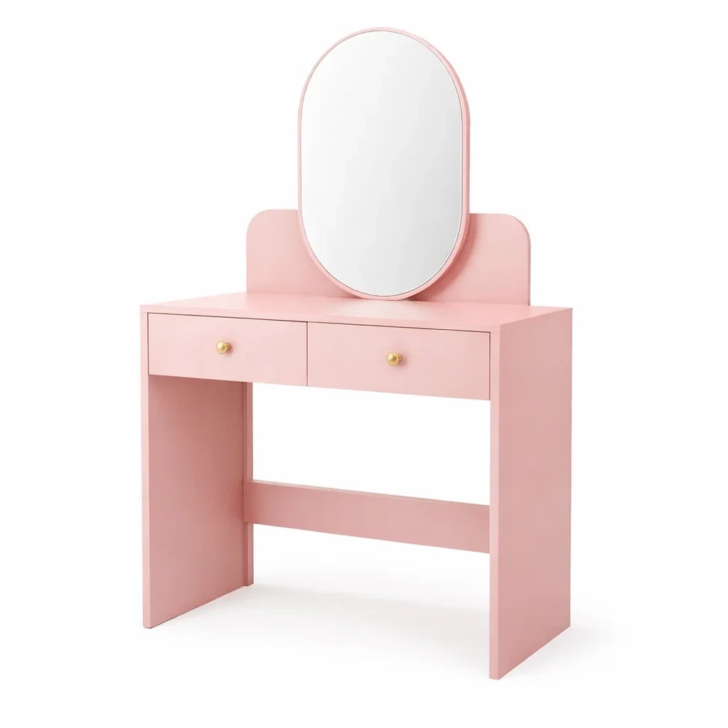 Toeletta in mdf rosa con specchio ovale e cassetti-DREAMCHICNEST