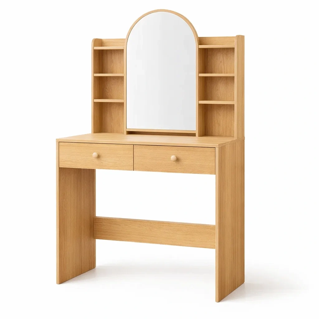Toeletta in legno naturale con specchio ad arco e cassetti-DREAMCHICNEST