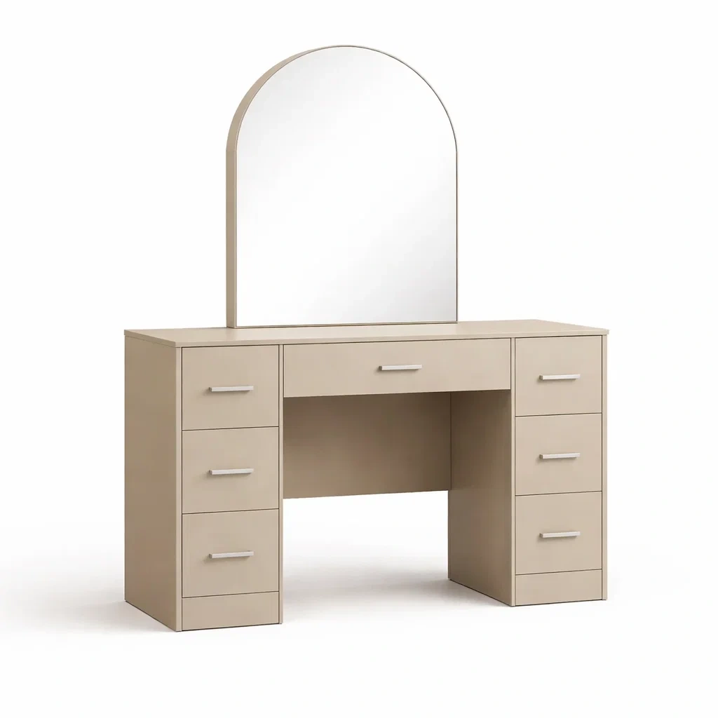 Toeletta in mdf beige con specchio ad arco e cassetti-DREAMCHICNEST