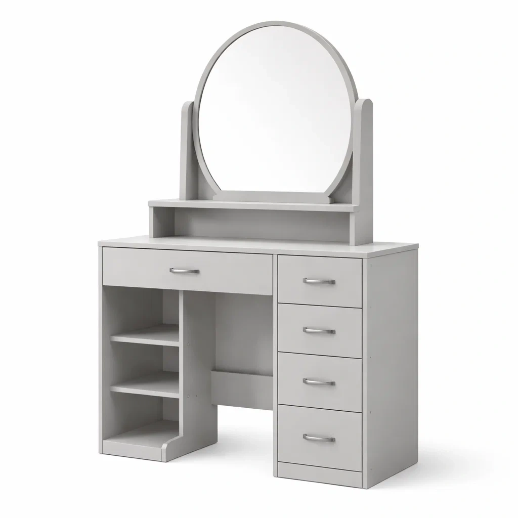 Toeletta con specchio rotondo e cassetti in mdf grigio-DREAMCHICNEST