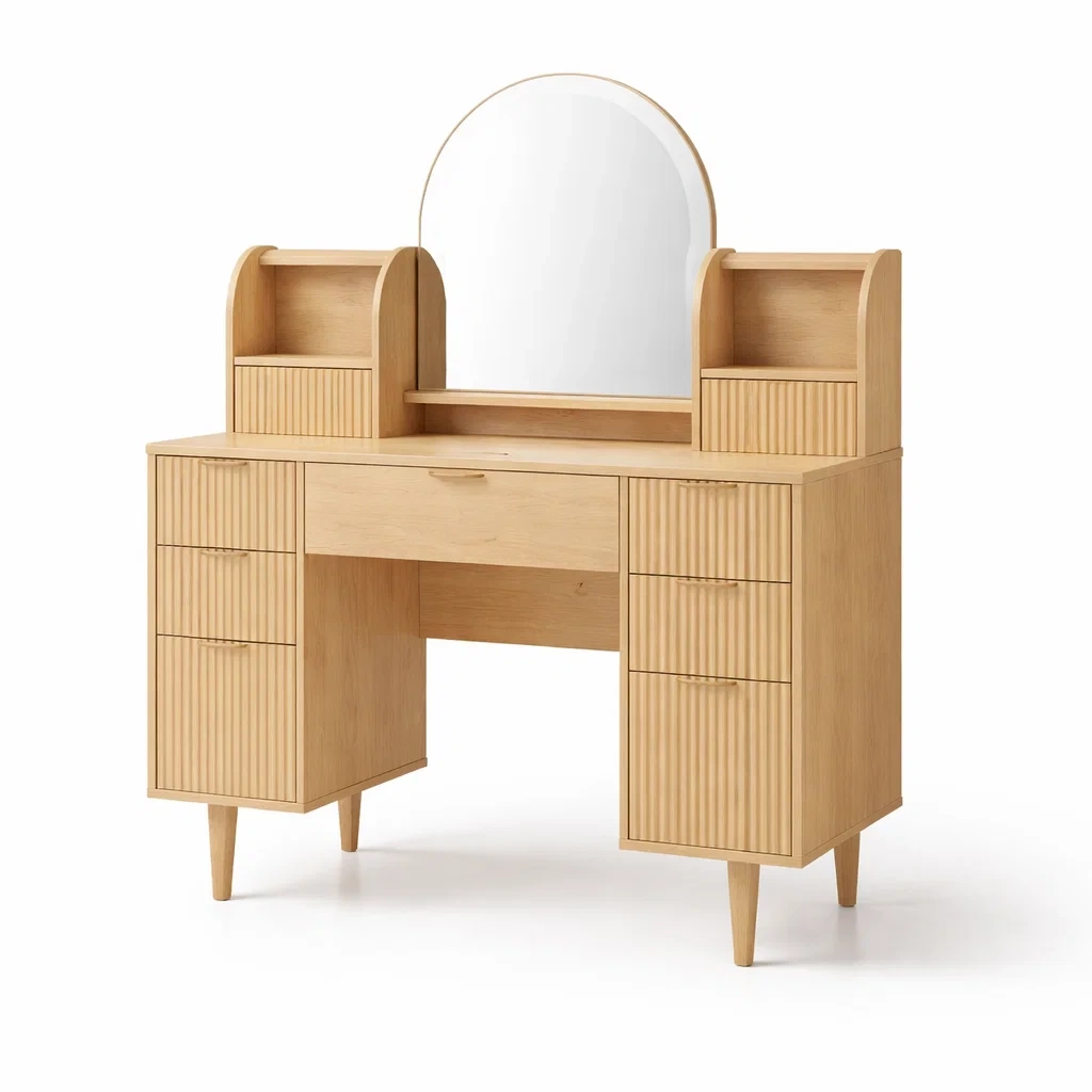 Toeletta in legno di quercia con specchio rotondo e cassetti-DREAMCHICNEST