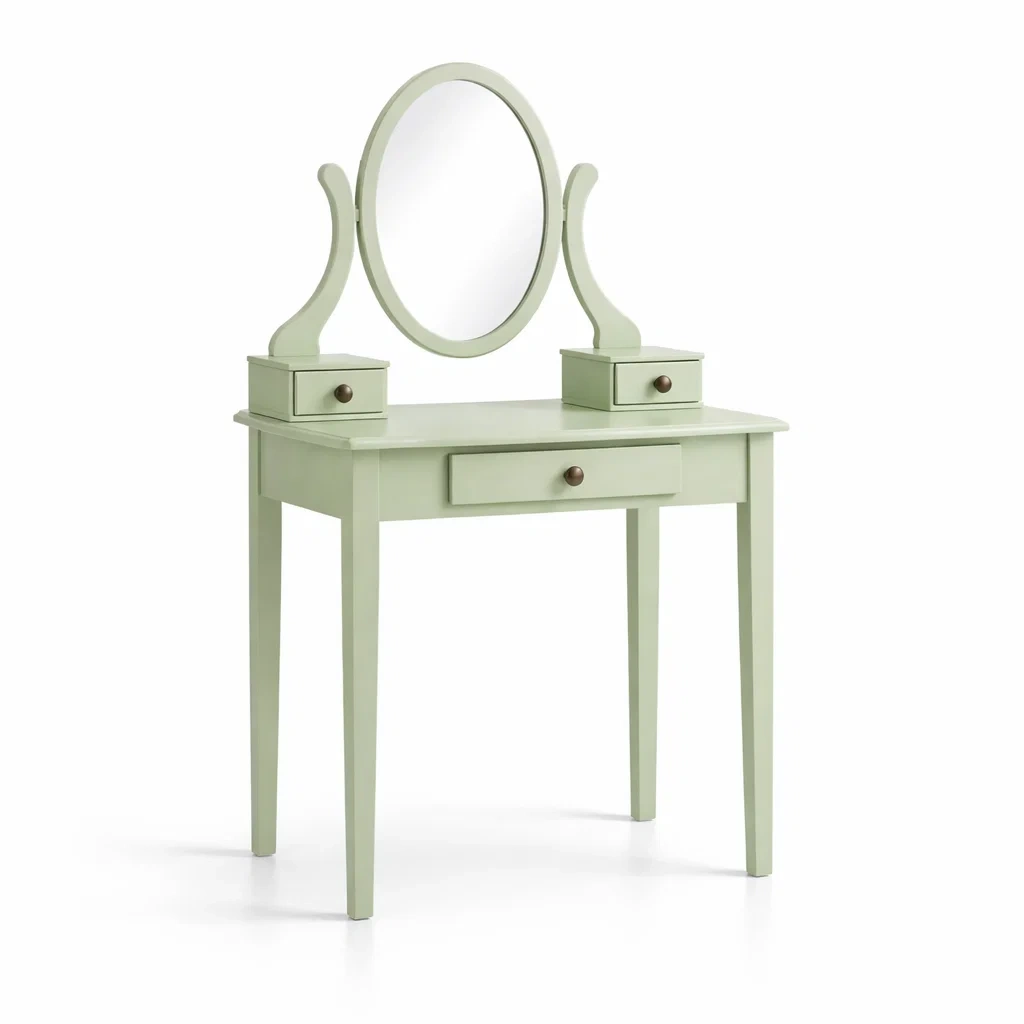 Toeletta in legno con specchio ovale e cassetti verde-DREAMCHICNEST