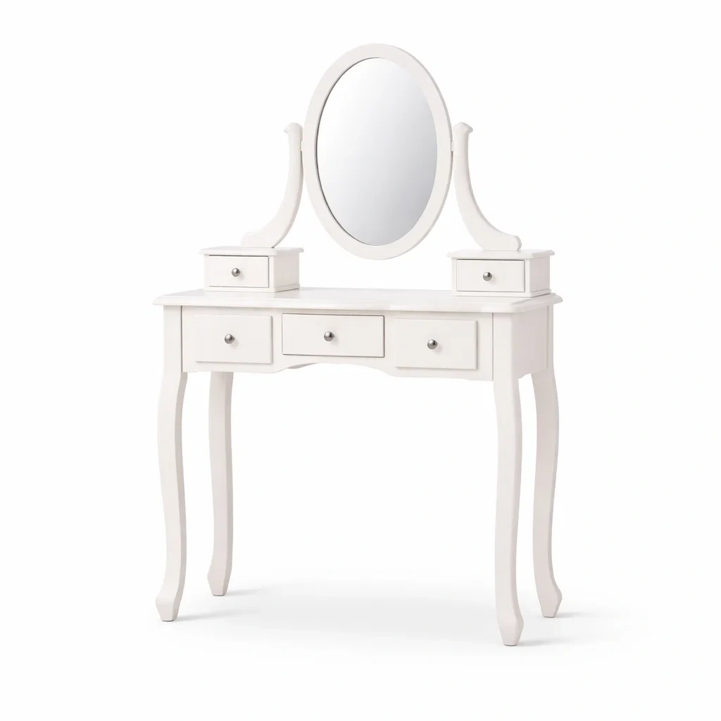 Toeletta in legno con specchio ovale bianco-DREAMCHICNEST