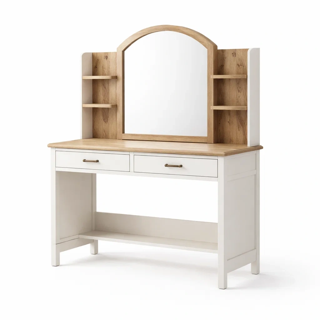 Toeletta con specchio e mensole in legno bianco-DREAMCHICNEST