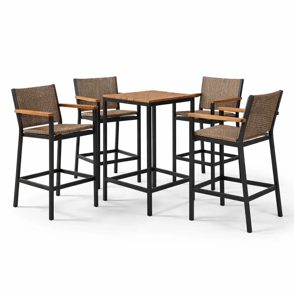 Set bar con tavolo alto e sedie in acciaio e rattan sintetico-DREAMCHICNEST