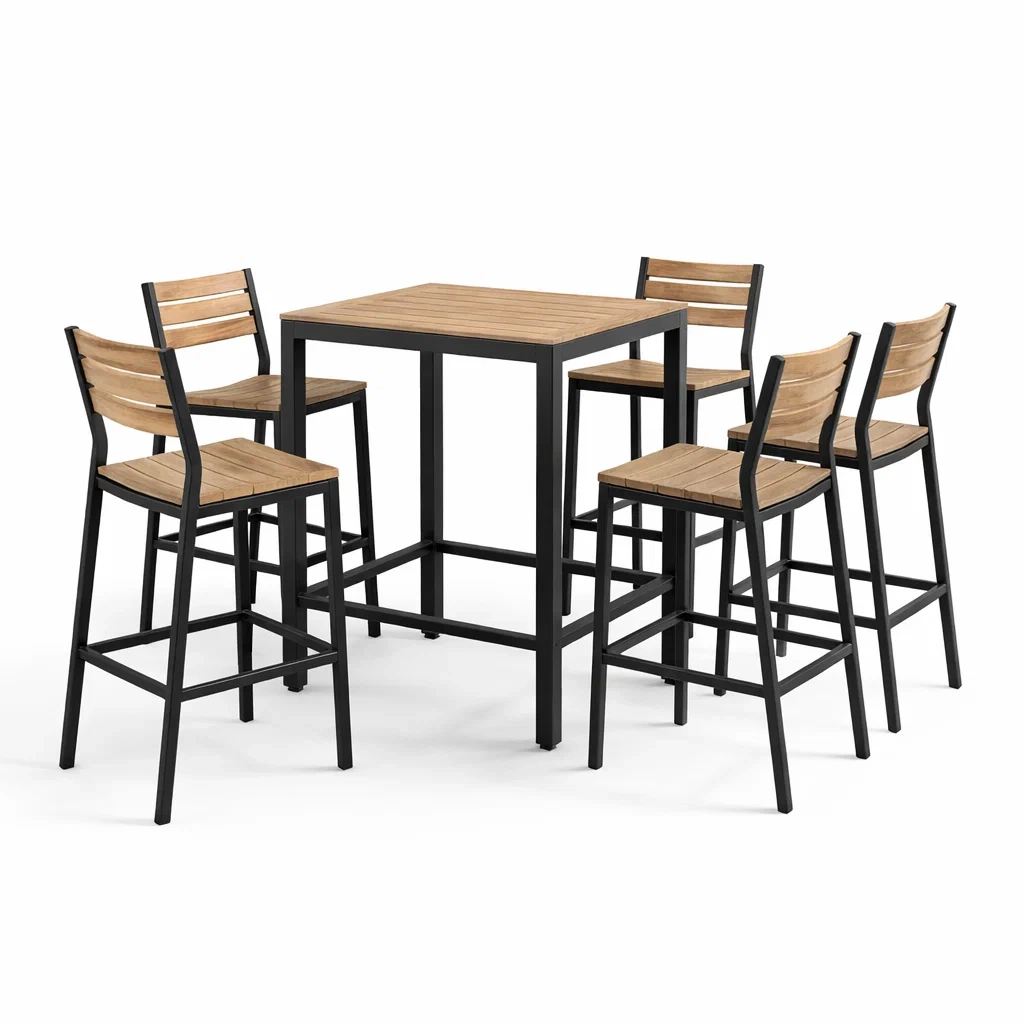Set bar con tavolo e sedie in teak e metallo nero-DREAMCHICNEST