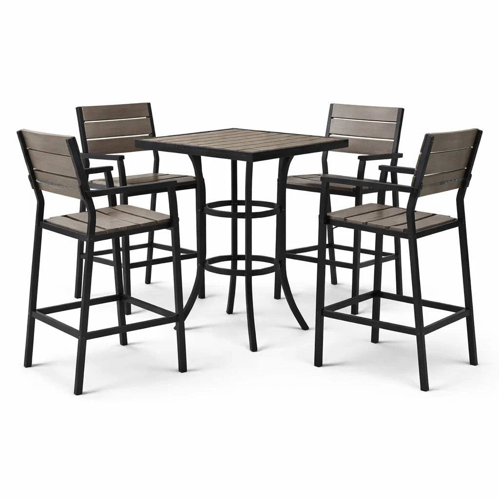 Set bar con tavolo quadrato e sgabelli alti in acciaio e acacia-DREAMCHICNEST