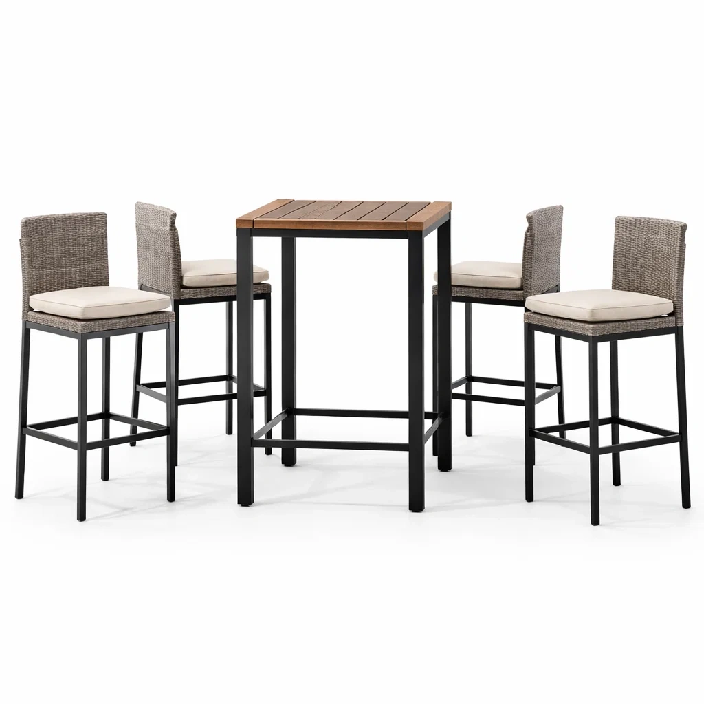 Set bar in rattan sintetico con tavolo e sedie in metallo e cuscini grigio-DREAMCHICNEST