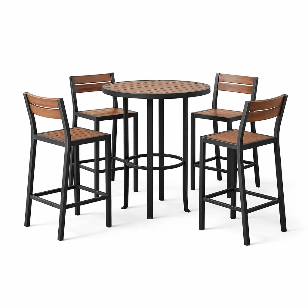 Set bar con tavolo alto rotondo e sgabelli in acciaio e legno nero e marrone-DREAMCHICNEST