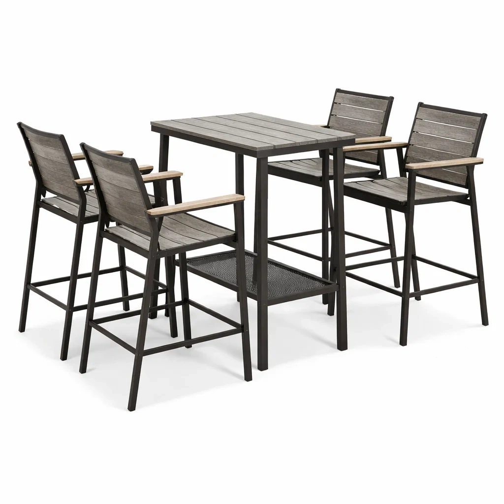 Set bar con tavolo alto e sgabelli in metallo e legno da esterno grigio-DREAMCHICNEST