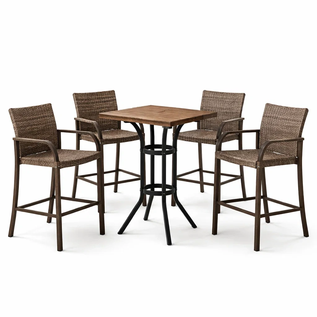 Set bar da esterno con tavolo in legno e sedie in rattan-DREAMCHICNEST