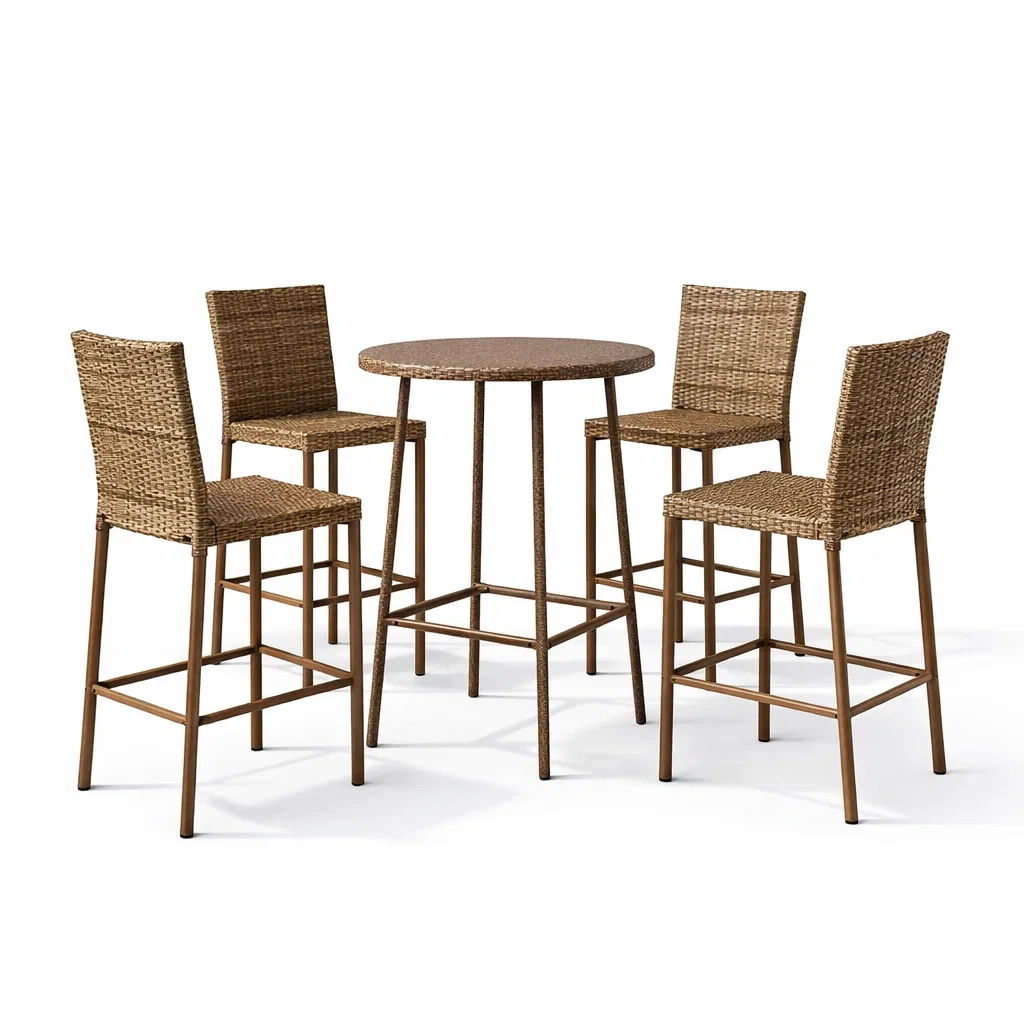 Set bar con tavolo alto rotondo e sgabelli in rattan sintetico e metallo marrone-DREAMCHICNEST