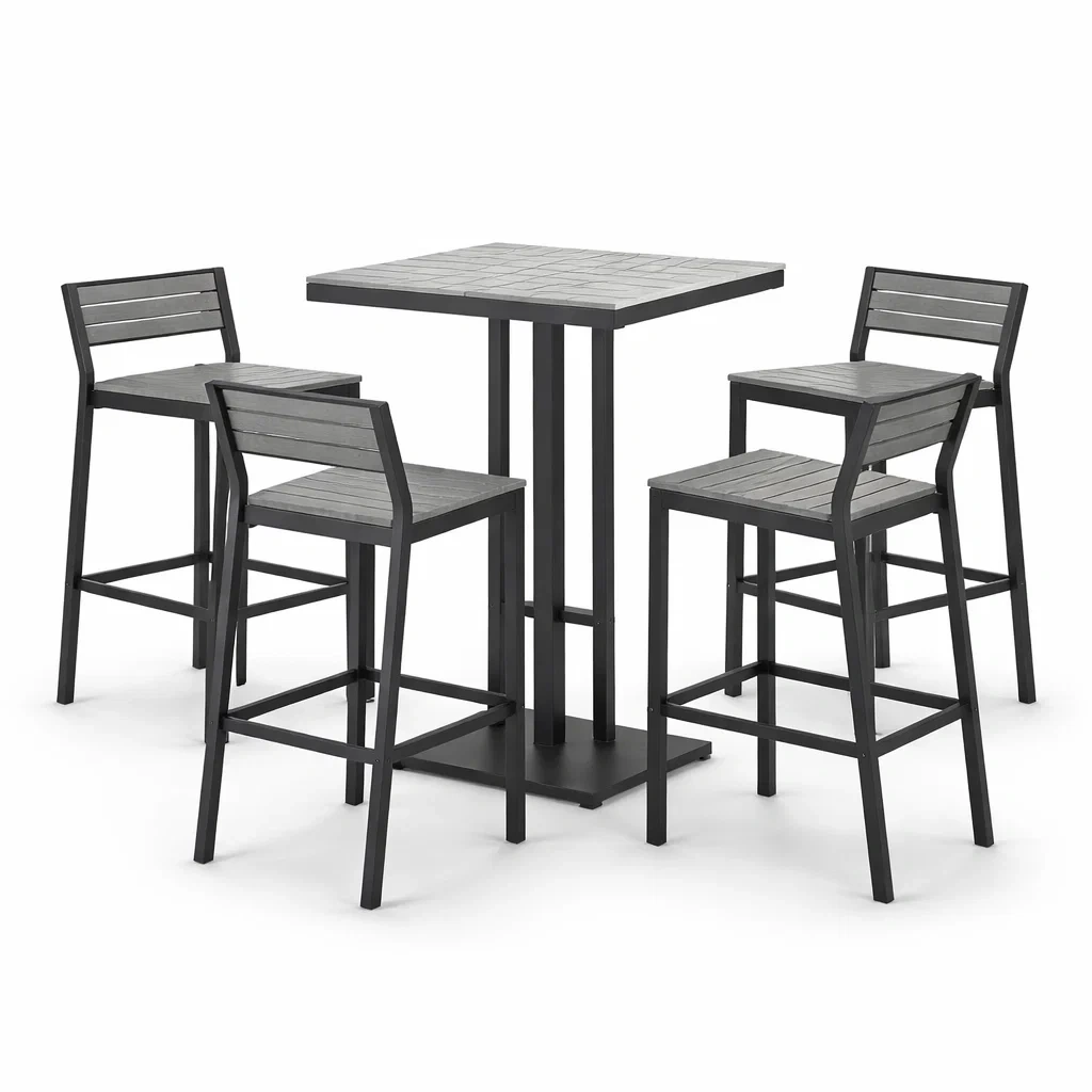 Set bar con tavolo quadrato alto e sedie in metallo e legno composito grigio-DREAMCHICNEST