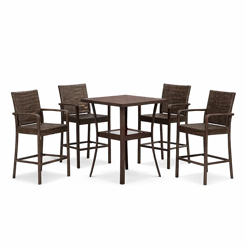 Set bar in rattan con tavolo quadrato e sedie marroni-DREAMCHICNEST