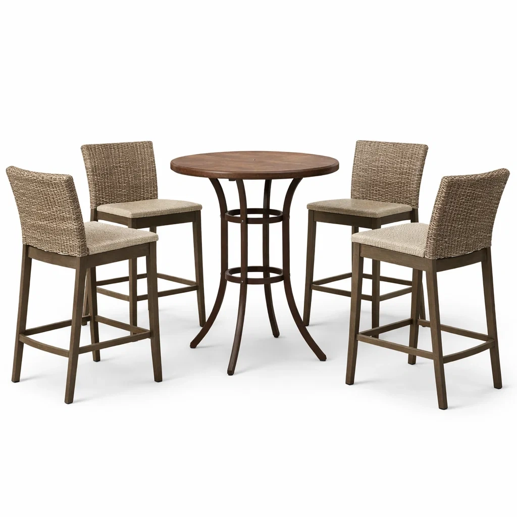 Set bar rotondo in legno e metallo con sgabelli in rattan-DREAMCHICNEST