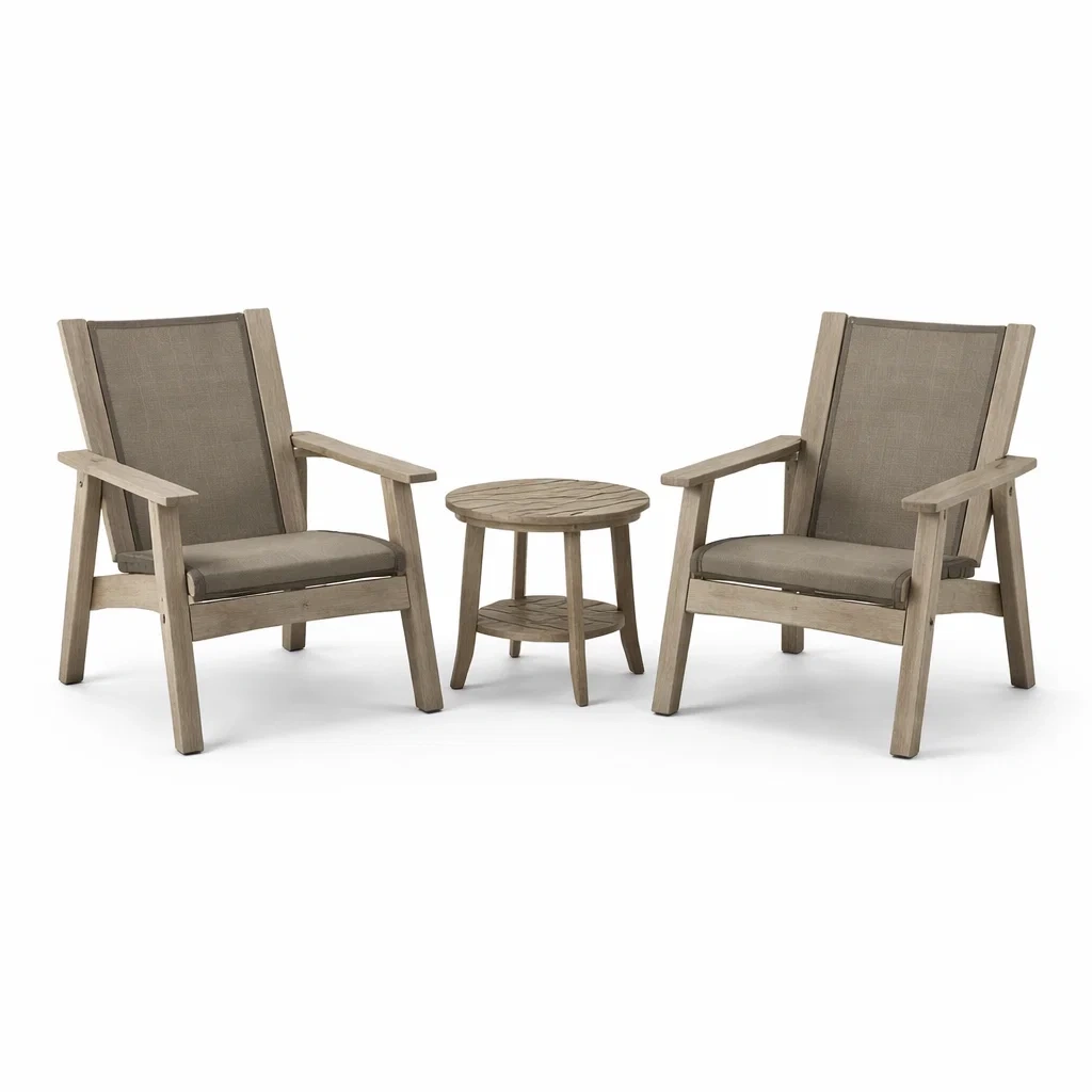 Set da relax piccolo con poltrone e tavolino in legno e tessuto marrone-DREAMCHICNEST