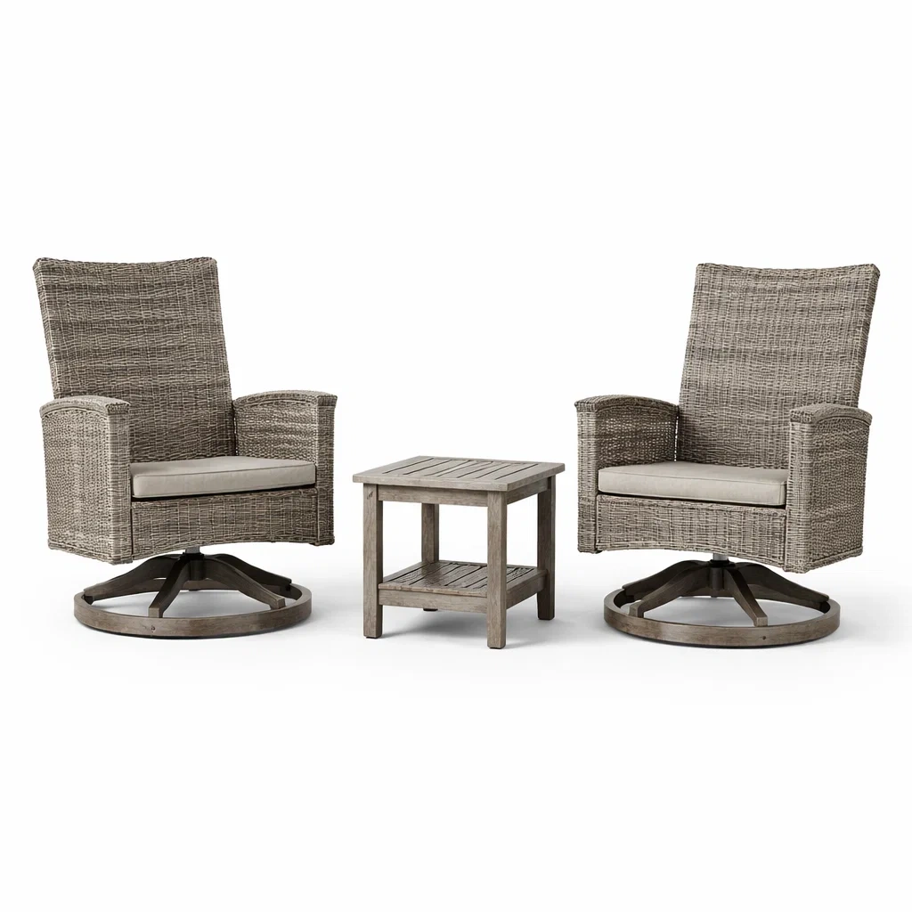 Set da relax piccolo con sedie girevoli in rattan e tavolino in legno-DREAMCHICNEST