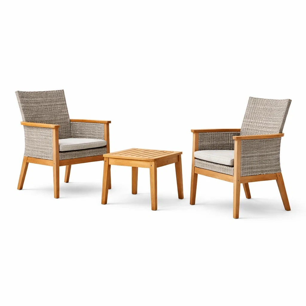 Set da relax piccolo con sedie e tavolino in legno e rattan grigio-DREAMCHICNEST