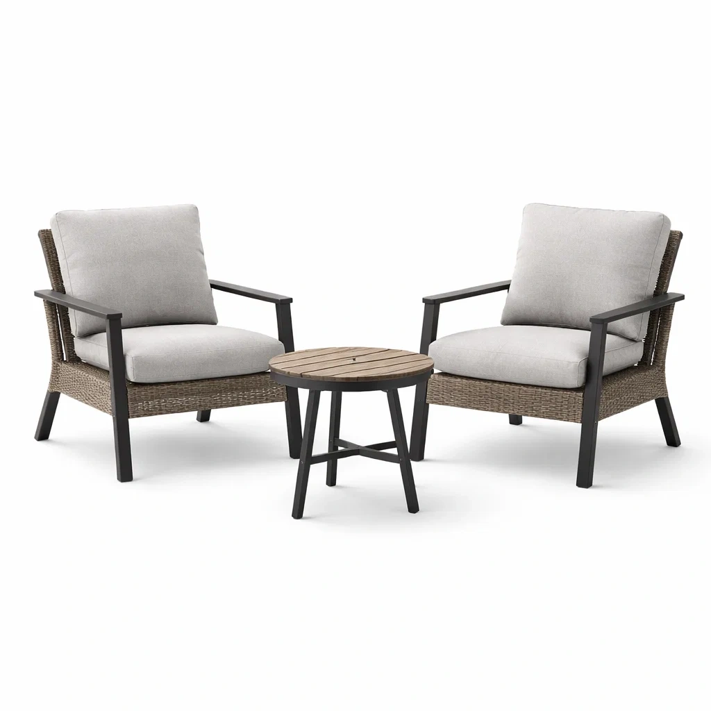 Set da relax piccolo con sedie in metallo e rattan e tavolino rotondo in acacia grigio beige-DREAMCHICNEST