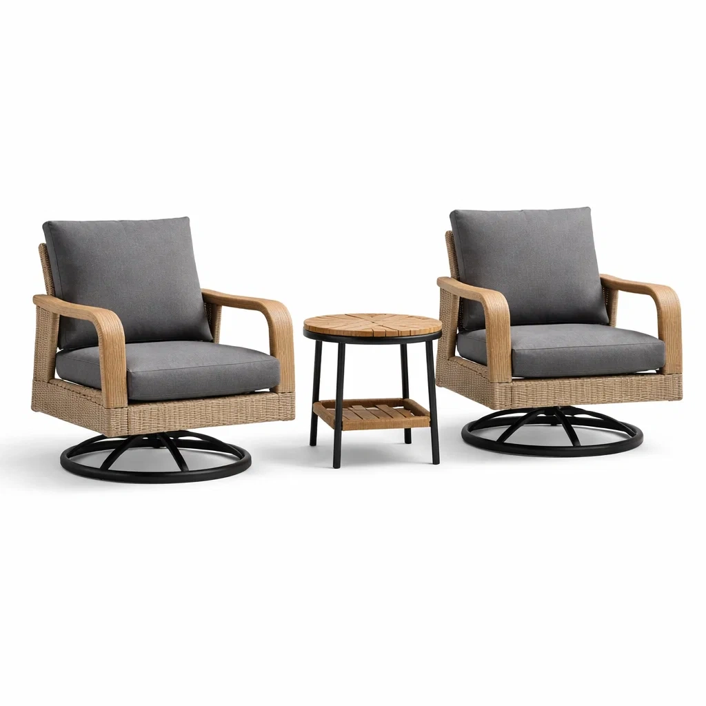 Set da relax piccolo con poltrone girevoli in rattan e tavolino in legno di acacia con cuscini grigi-DREAMCHICNEST