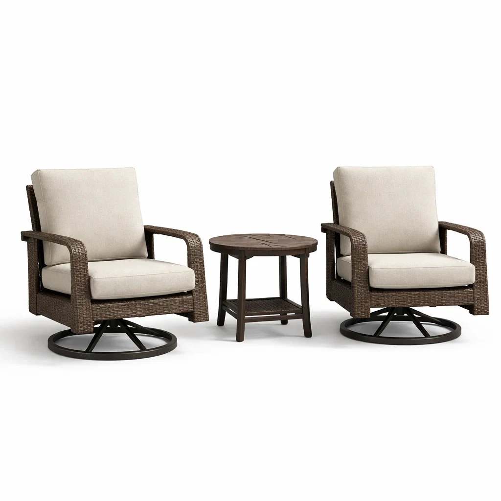 Set da relax piccolo con poltrone girevoli e tavolino da esterno in rattan marrone e crema-DREAMCHICNEST