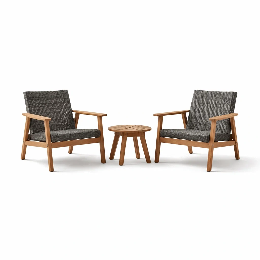 Set da relax piccolo in legno di acacia con poltrone e tavolino rotondo-DREAMCHICNEST