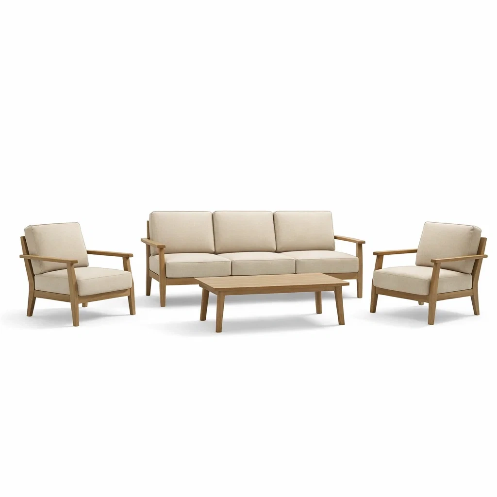 Set di divani e poltrone in legno e tessuto beige-DREAMCHICNEST