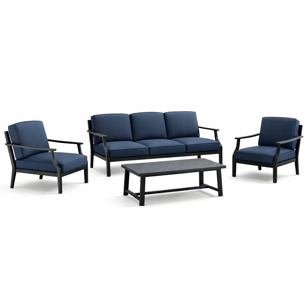 Set di divani da esterno in metallo con cuscini blu scuro-DREAMCHICNEST