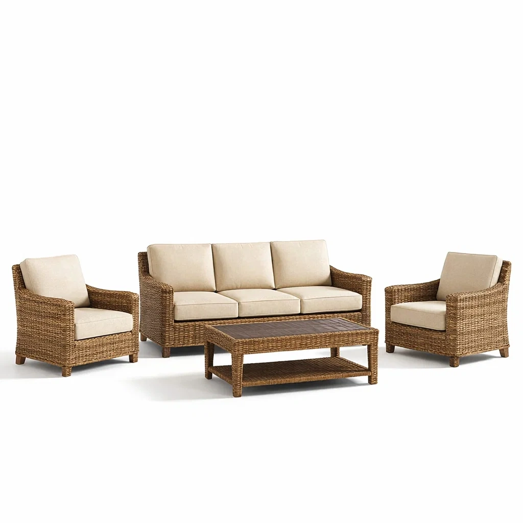 Set di divani e poltrone da esterno in rattan con cuscini beige-DREAMCHICNEST