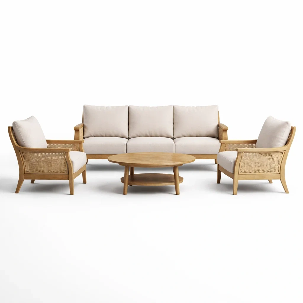 Set di divani in legno e vimini con tavolino rotondo beige-DREAMCHICNEST