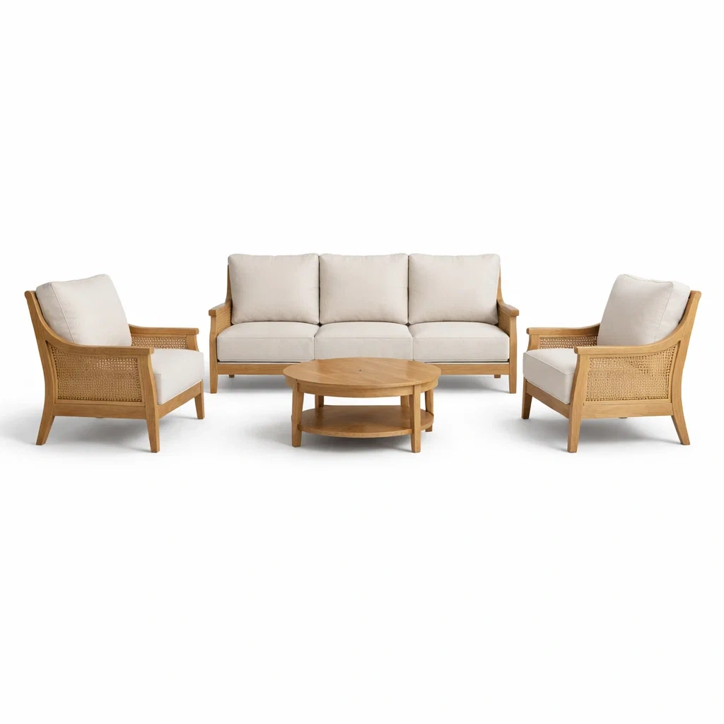 Set di divani in teak con rattan e tessuto beige-DREAMCHICNEST