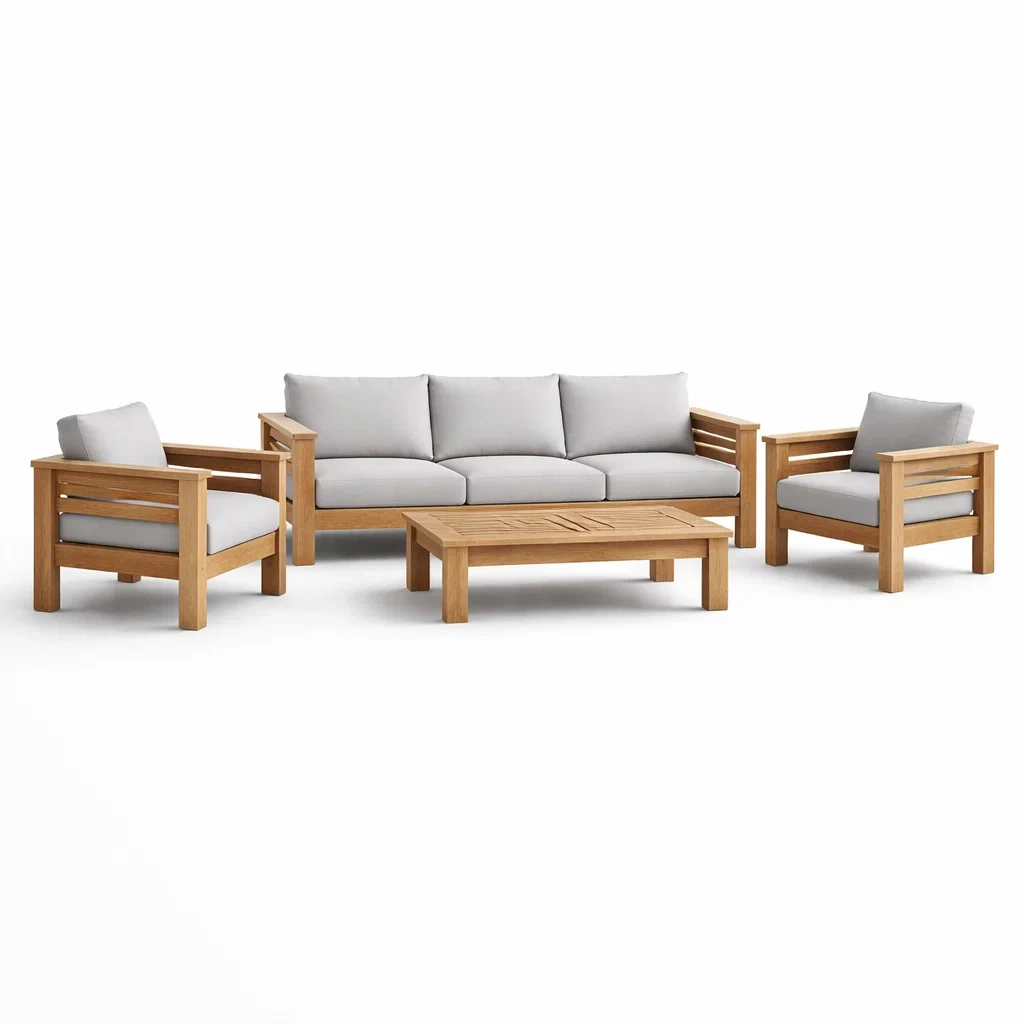 Set di divani da giardino in legno di teak con cuscini in poliestere grigio-DREAMCHICNEST