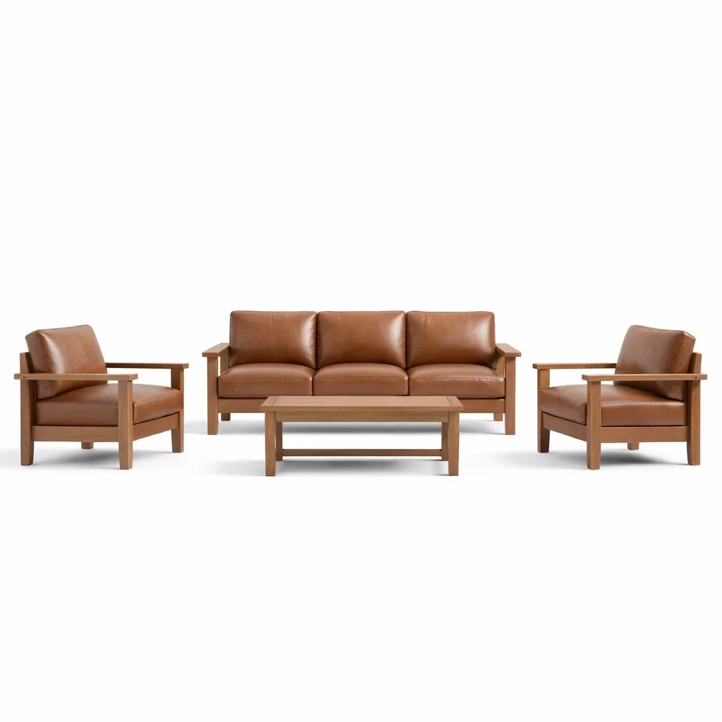 Set di divani in legno e pelle marrone-DREAMCHICNEST