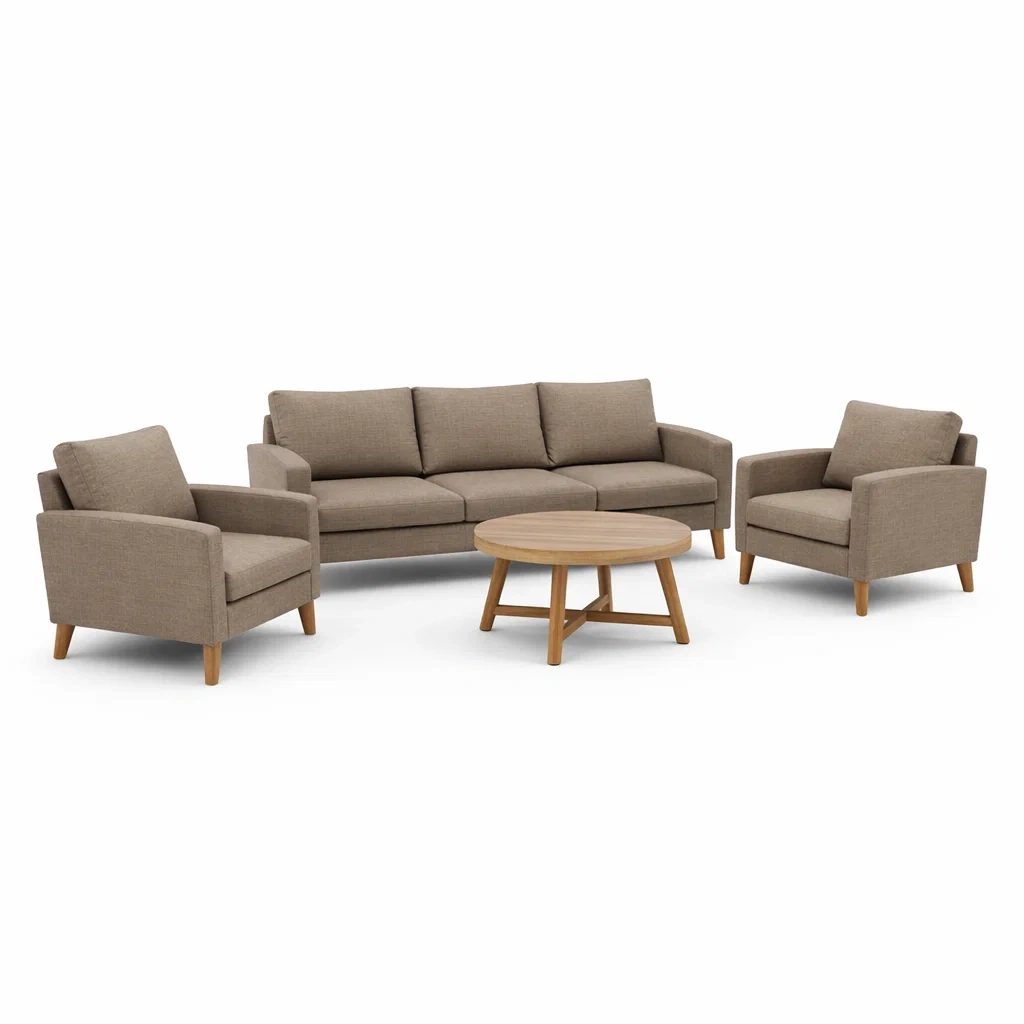 Set di divani in tessuto con gambe in legno massello marrone-DREAMCHICNEST