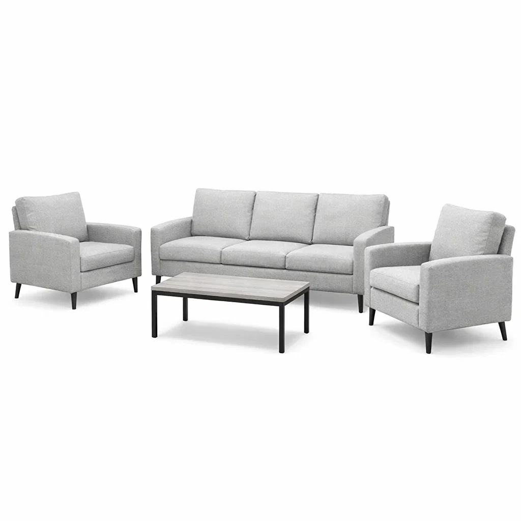 Set di divani e poltrone in tessuto grigio con tavolino da caffè-DREAMCHICNEST