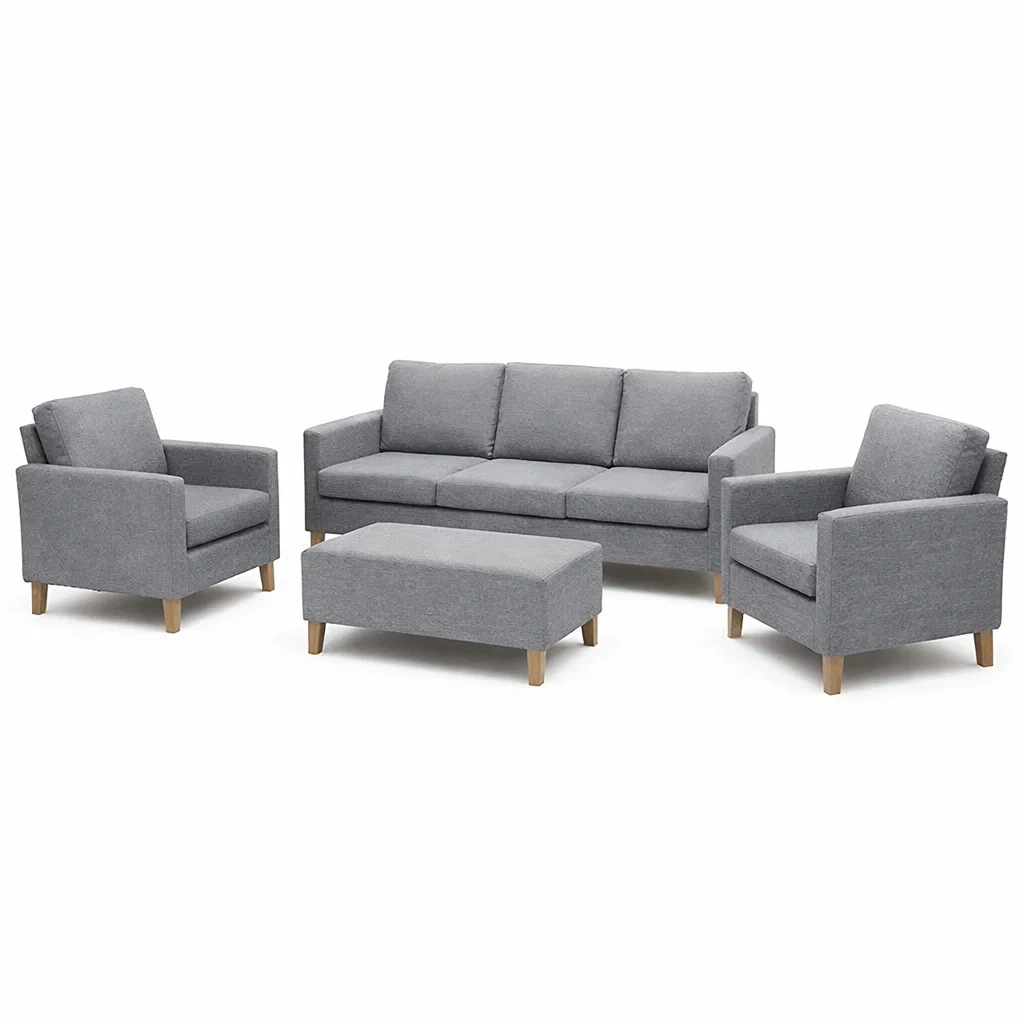 Set di divani e poltrone con pouf in legno e tessuto poliestere grigio-DREAMCHICNEST