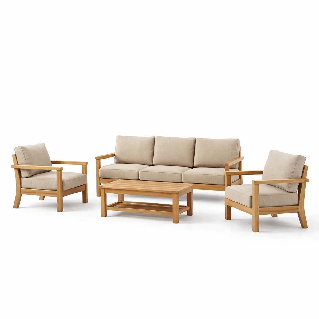 Set di divani e poltrone da esterno in legno massello con cuscini beige-DREAMCHICNEST