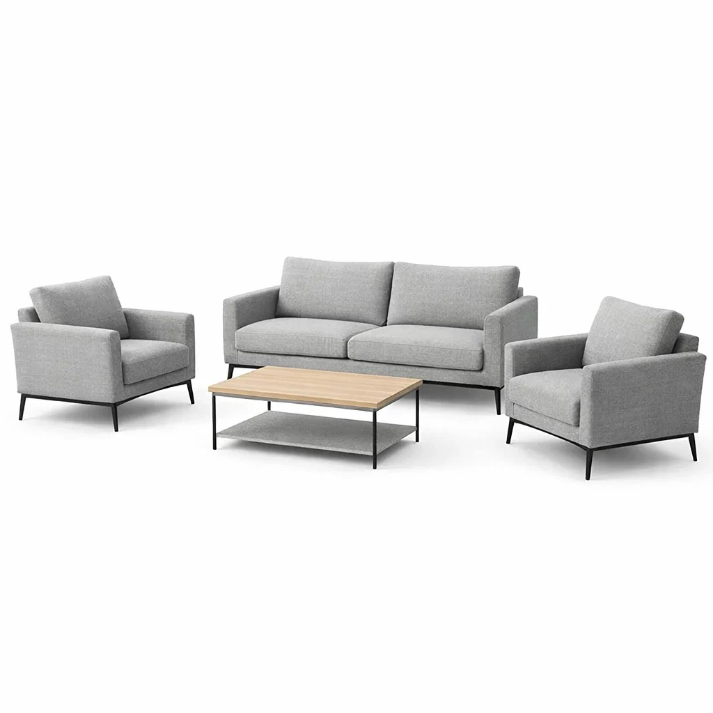 Set di divani in tessuto grigio e metallo con tavolino in legno-DREAMCHICNEST