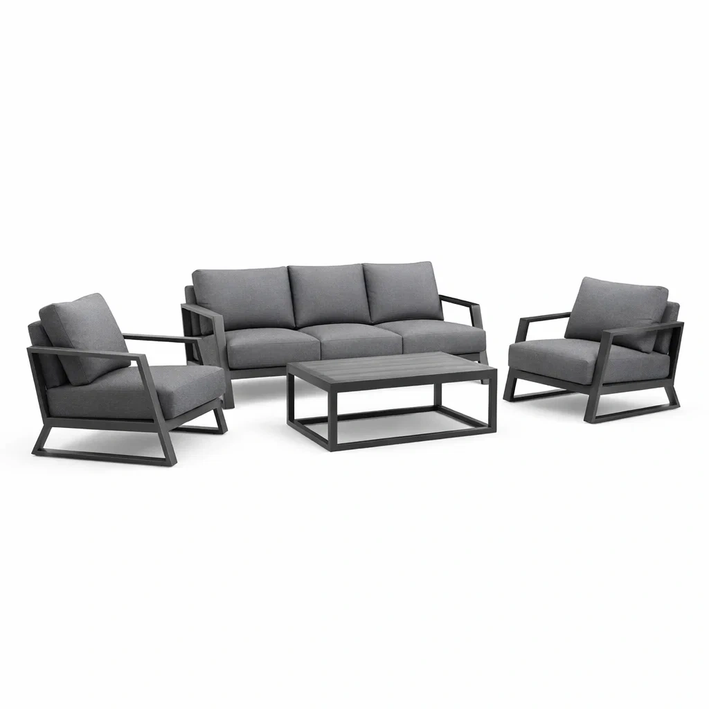 Set di divani da giardino in alluminio e tessuto grigio con poltrone e tavolino-DREAMCHICNEST