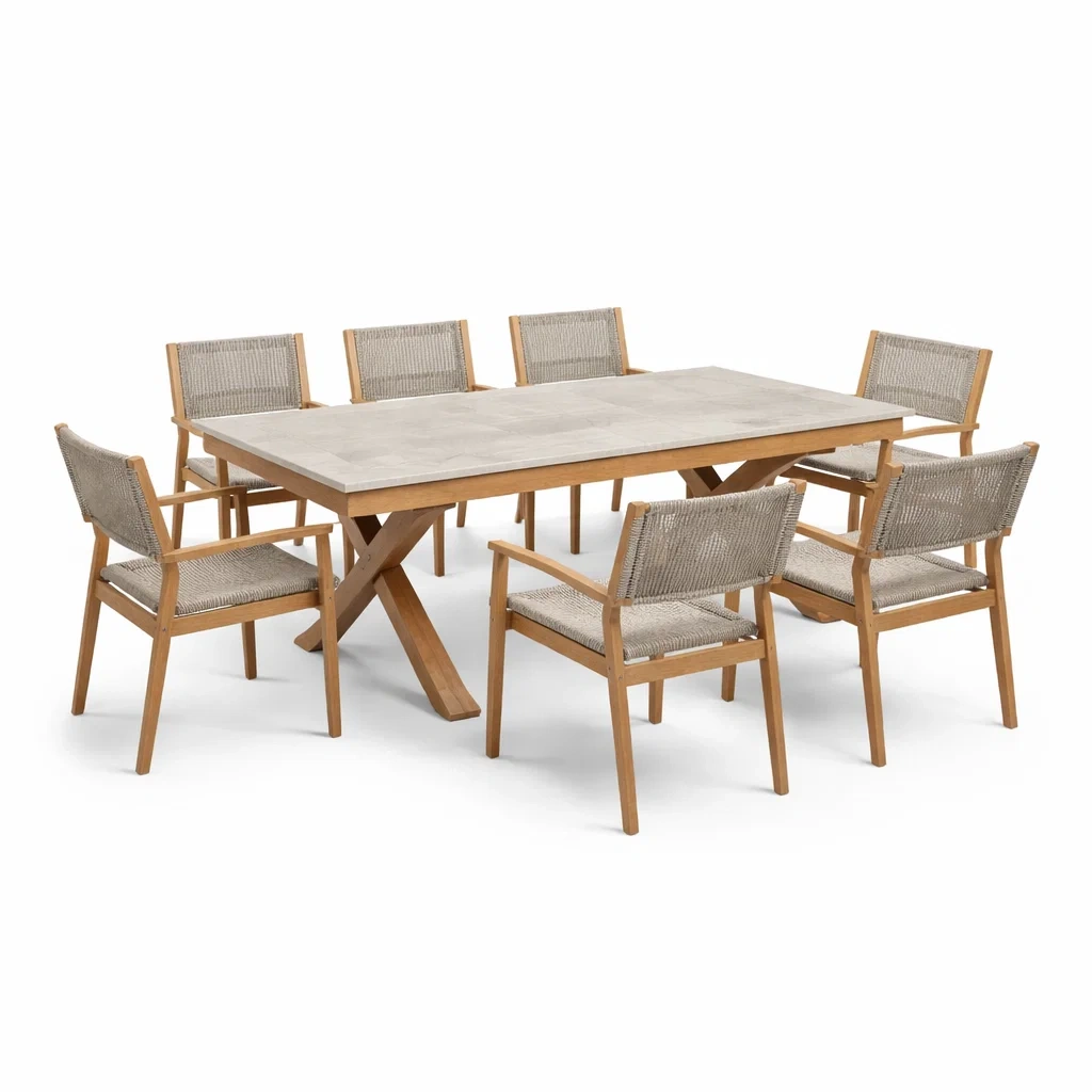 Set tavolo e sedie da giardino in legno con sedie in corda-DREAMCHICNEST