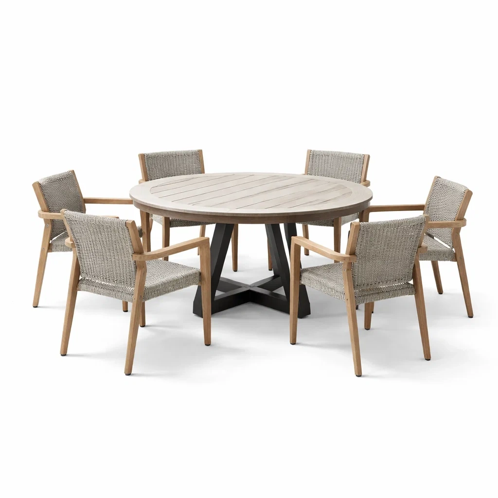Set tavolo e sedie rotondo in teak e metallo con sedie in corda sintetica da esterno-DREAMCHICNEST