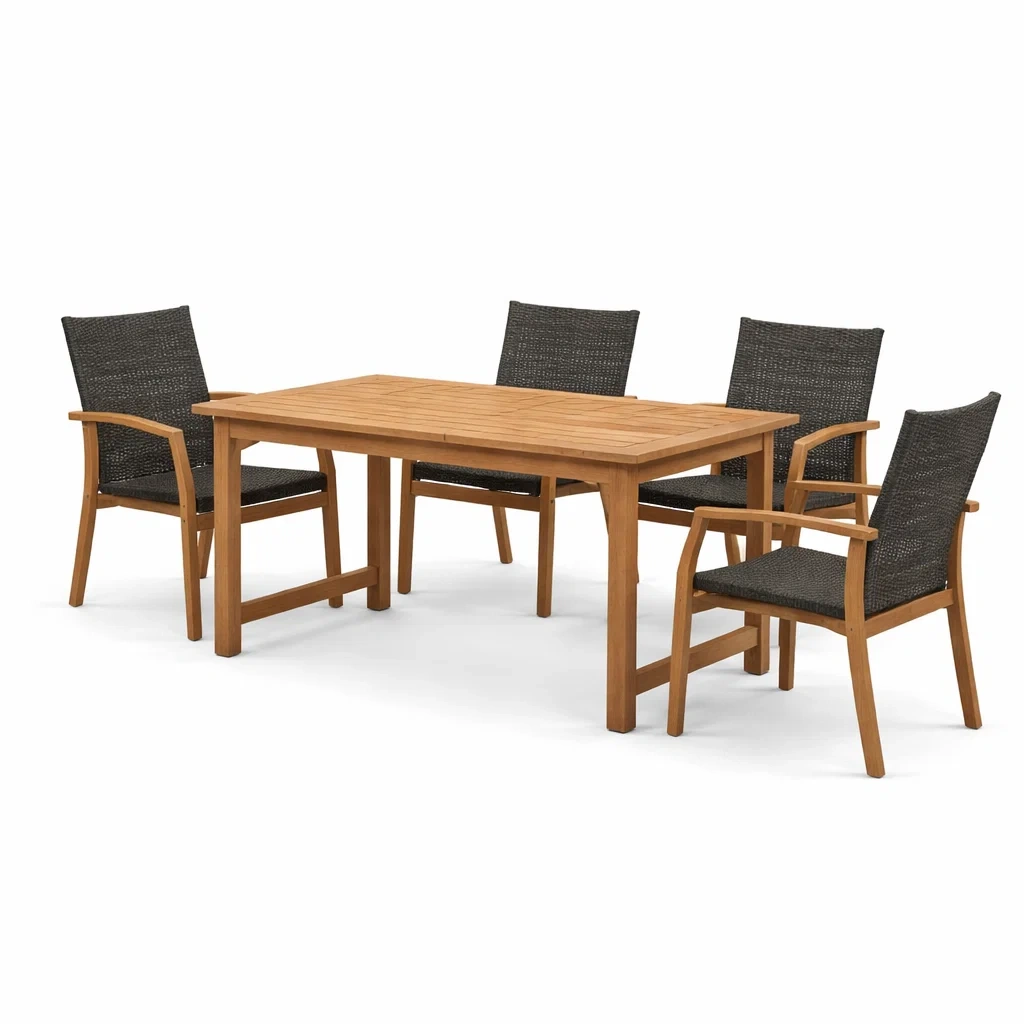 Set tavolo e sedie da giardino in legno di teak e fibra sintetica-DREAMCHICNEST