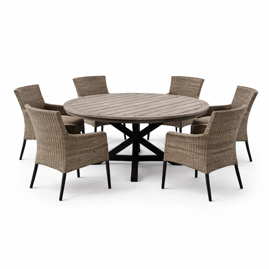 Set tavolo e sedie da giardino con tavolo rotondo in legno e sedie in rattan-DREAMCHICNEST