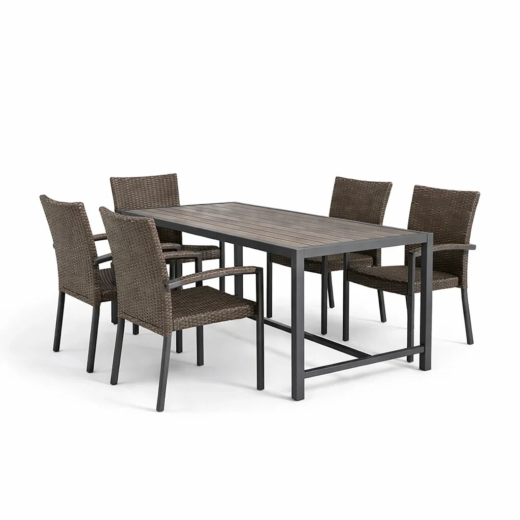 Set tavolo e sedie in metallo e legno con sedie in rattan sintetico-DREAMCHICNEST