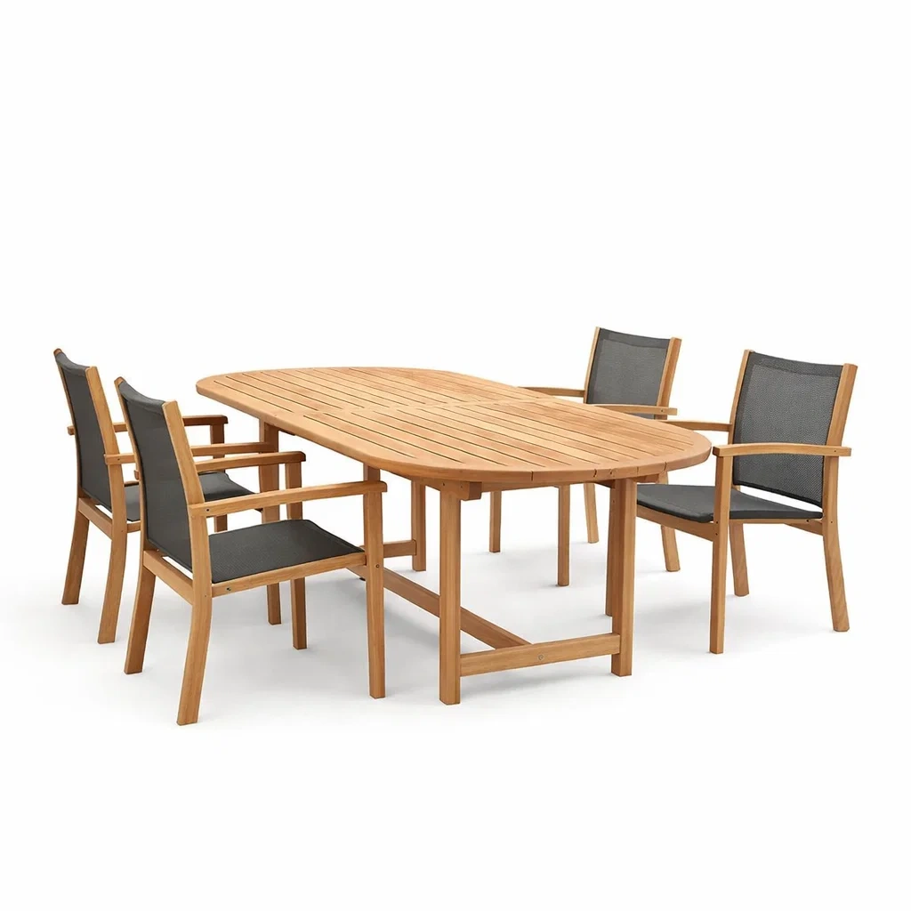 Set tavolo e sedie da pranzo da esterno in teak e tessuto grigio-DREAMCHICNEST